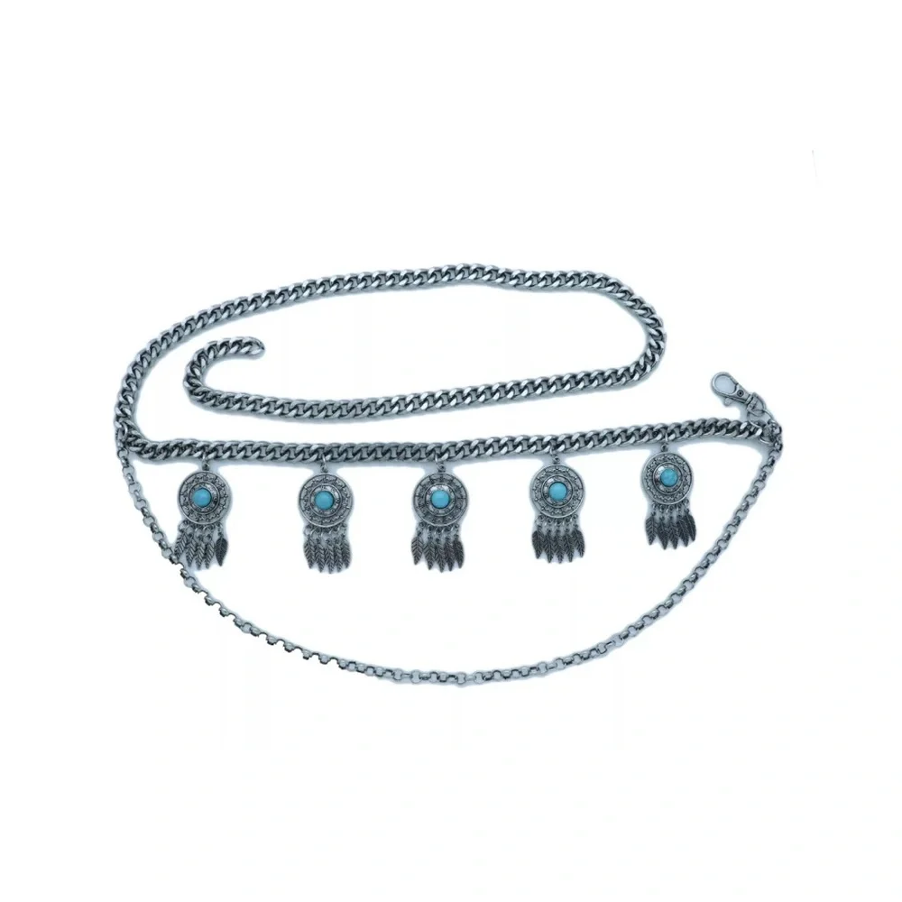 Silver‎ Chain Belt with Turquoise Details feather dream catcher